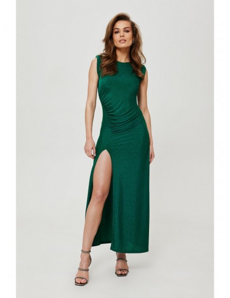 K186 Metallic knit pad shoulder maxi dress - emerald