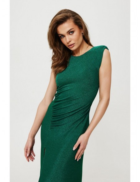 K186 Metallic knit pad shoulder maxi dress - emerald