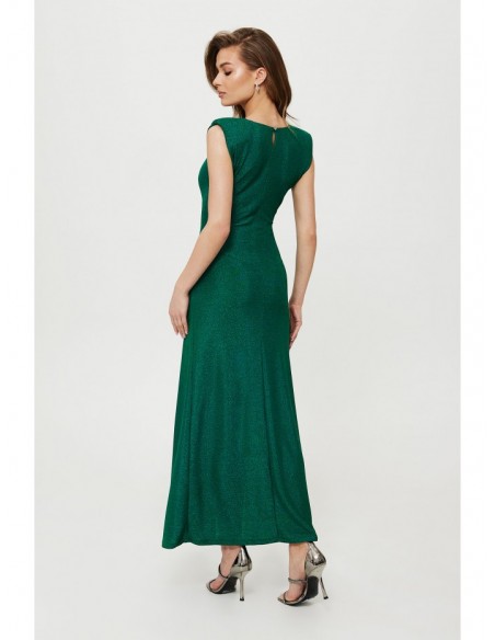 K186 Metallic knit pad shoulder maxi dress - emerald