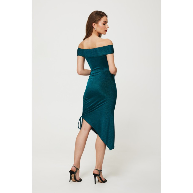 K187 Metallic knit asymmetrical dress with ruched side - ocean blue 2