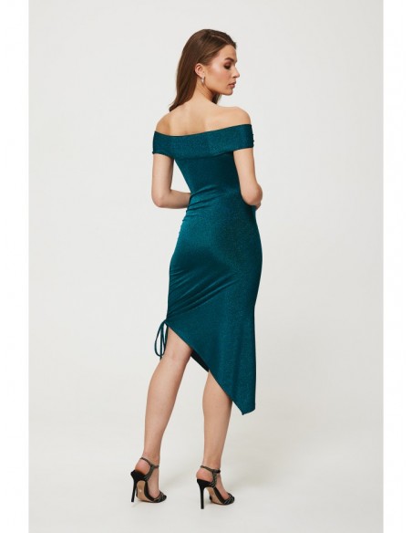 K187 Metallic knit asymmetrical dress with ruched side - ocean blue