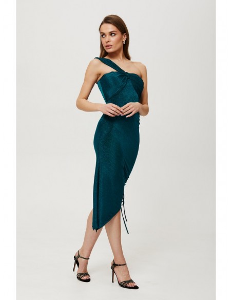 K187 Metallic knit asymmetrical dress with ruched side - ocean blue