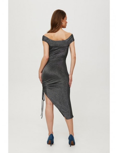 K187 Metallic knit asymmetrical dress with ruched side - silver
