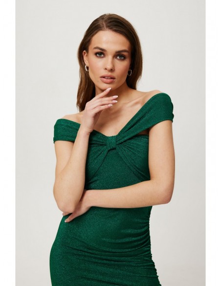 K187 Metallic knit asymmetrical dress with ruched side - emerald