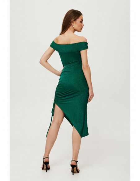 K187 Metallic knit asymmetrical dress with ruched side - emerald