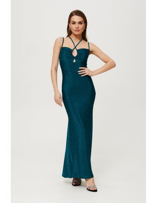 K188 Metallic drawstring tie neck cutout dress - ocean blue