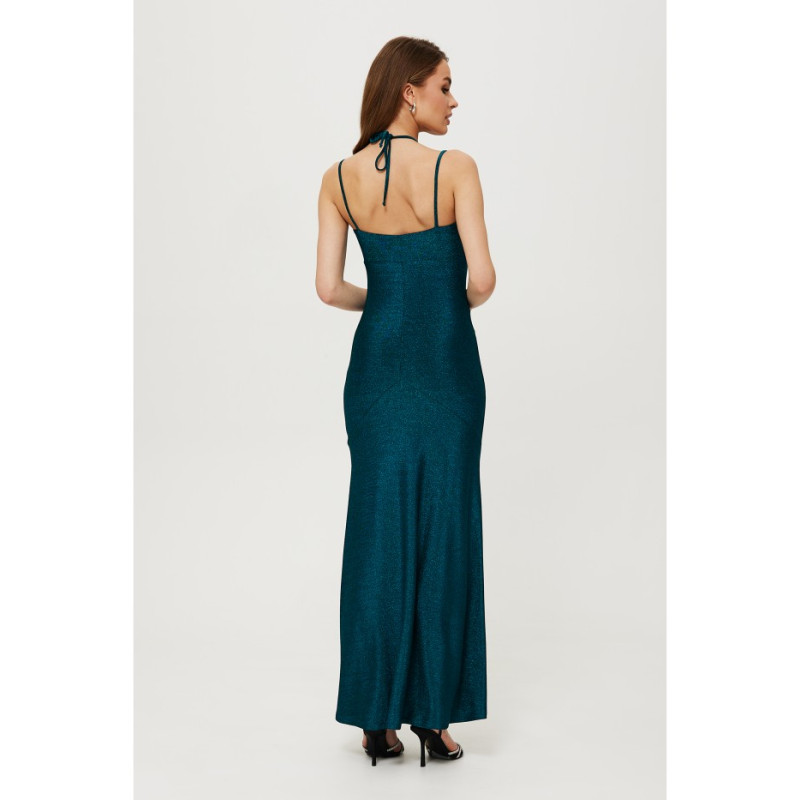 K188 Metallic drawstring tie neck cutout dress - ocean blue 2