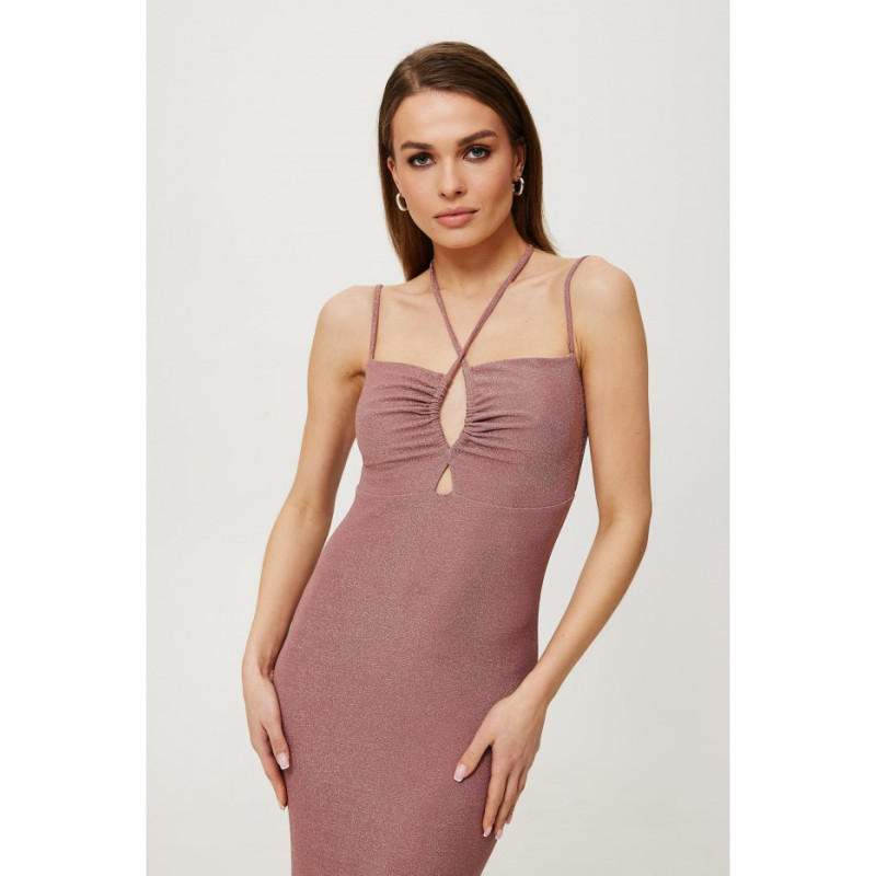 K188 Metallic drawstring tie neck cutout dress - powder 2