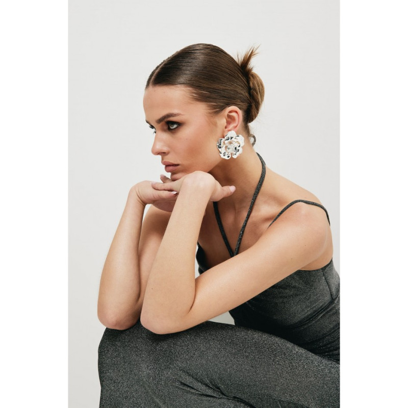 K188 Metallic drawstring tie neck cutout dress - silver 2