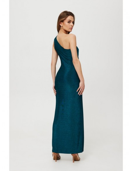 K189 Metallic one houlder dress with split neckline - ocean blue