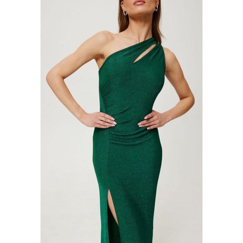 K189 Metallic one houlder dress with split neckline - emerald 2