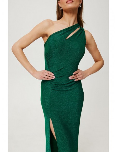 K189 Metallic one houlder dress with split neckline - emerald