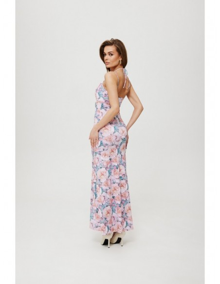 K193 Drawstring tie neck cutout dress in floral pattern - model 1