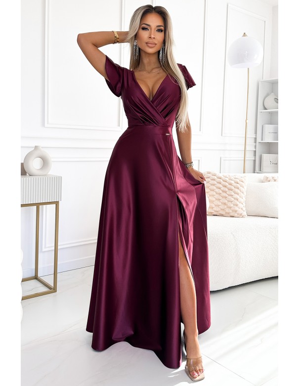  411-10 CRYSTAL satin long dress with a neckline - Burgundy color 