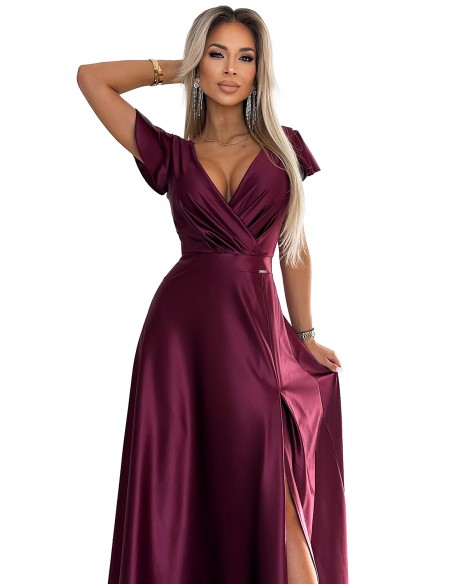  411-10 CRYSTAL satin long dress with a neckline - Burgundy color 