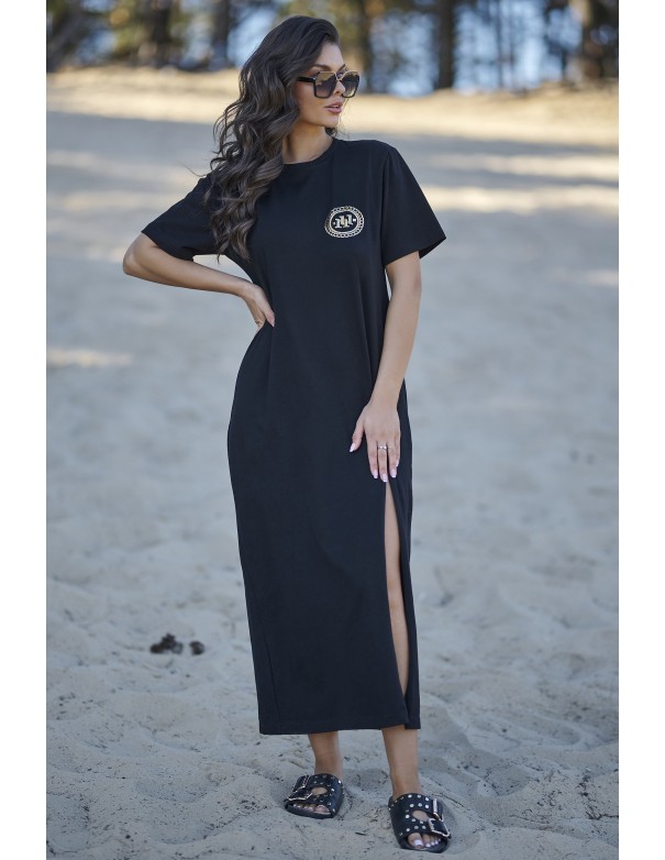 Sukienka maxi z długim rozcięciem z przodu czarna NU476