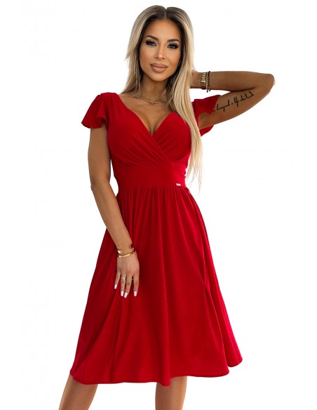  425-9 MATILDE Dress with a neckline and short sleeves - red with glitter 