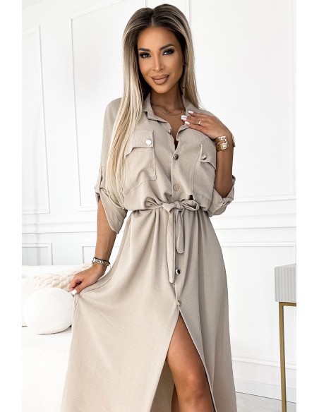  531-1 Midi shirt dress with gold buttons and ties - beige 