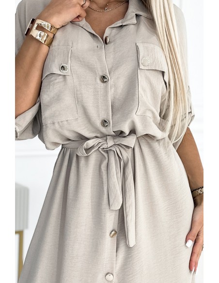  531-1 Midi shirt dress with gold buttons and ties - beige 