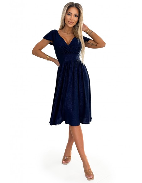  425-8 MATILDE Dress with a neckline and short sleeves - navy blue with glitter 
