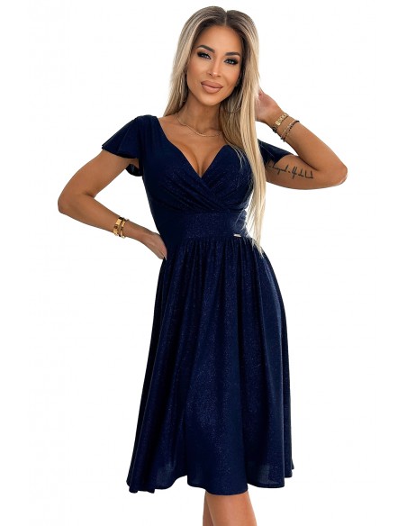  425-8 MATILDE Dress with a neckline and short sleeves - navy blue with glitter 