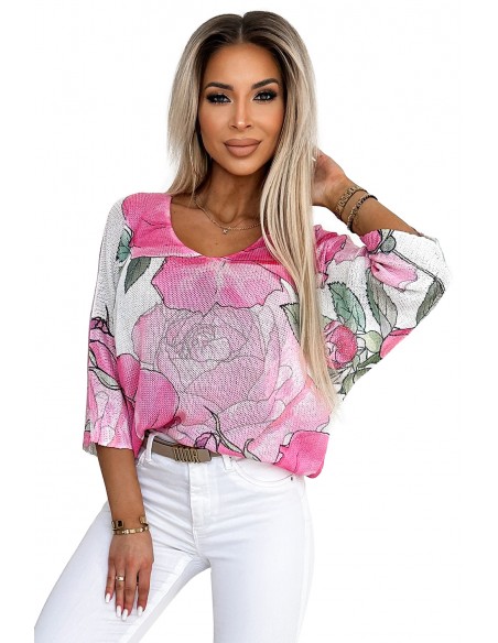 534-1 Oversize sweater with large pink roses 