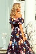  194-3 Long dress with frill - black + colorful flowers 