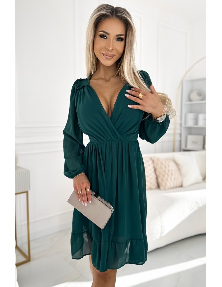  538-2 MILA Chiffon midi dress with long sleeves and neckline - green 