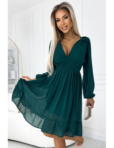  538-2 MILA Chiffon midi dress with long sleeves and neckline - green 