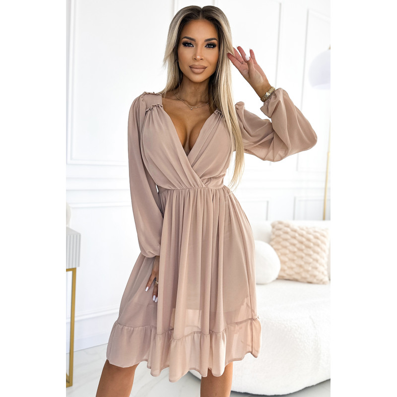 538-1 MILA Chiffon midi dress with long sleeves and neckline - beige  2
