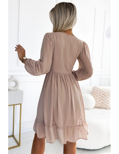 538-1 MILA Chiffon midi dress with long sleeves and neckline - beige 