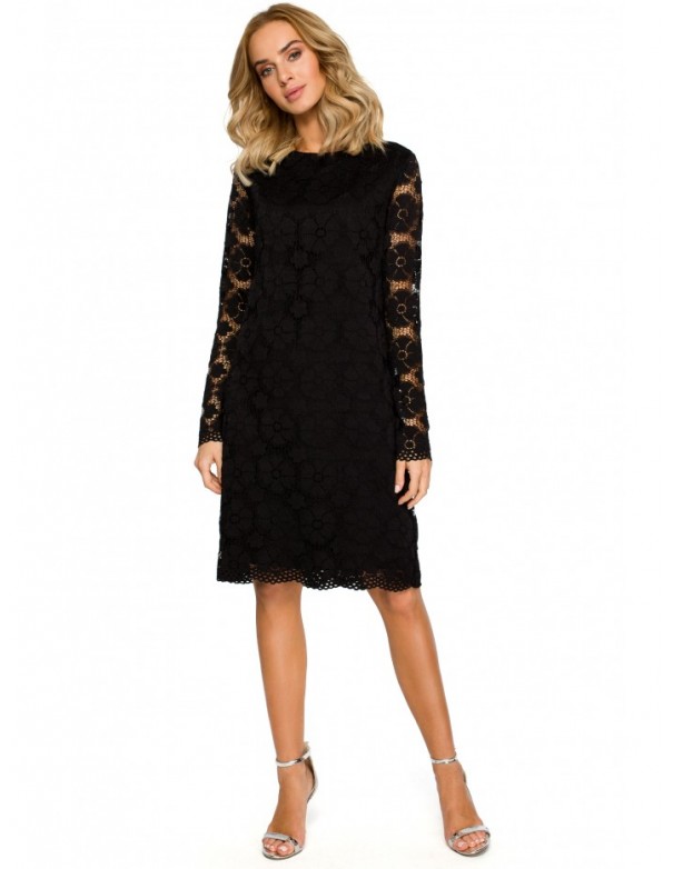 M406 lacy a-line dress with long sleeves - black