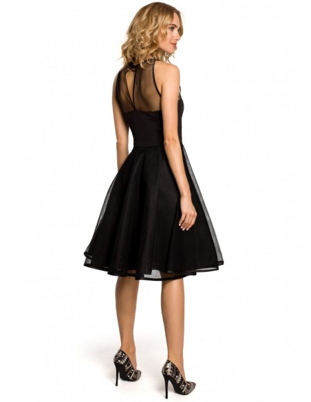 M148 An evening, knee-lenth dress with a mesh yoke - black