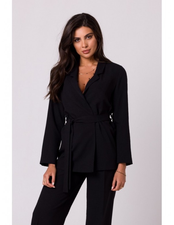 B253 Open front blazer with a tie belt - black