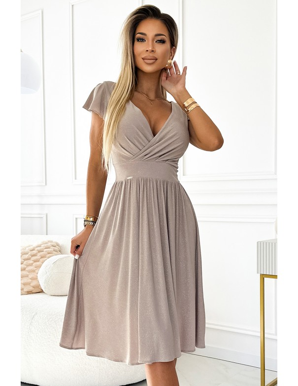  425-10 MATILDE Dress with a neckline and short sleeves - beige with glitter 