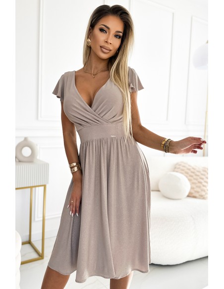  425-10 MATILDE Dress with a neckline and short sleeves - beige with glitter 