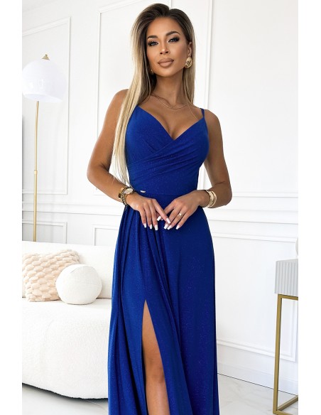  299-17 CHIARA elegant maxi dress with straps - blue with glitter 
