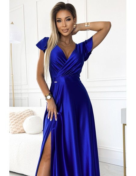  411-11 CRYSTAL satin long dress with a neckline - royal blue 