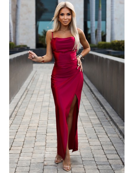  483-5 DIANE satin long dress with a leg slit - raspberry color 