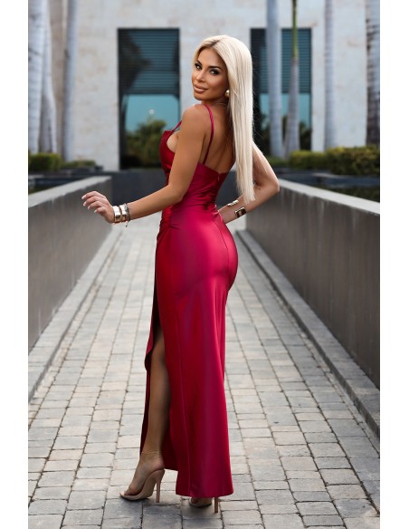  483-5 DIANE satin long dress with a leg slit - raspberry color 