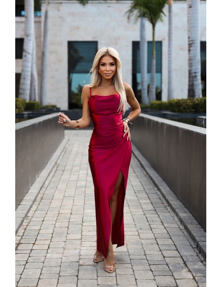  483-5 DIANE satin long dress with a leg slit - raspberry color 