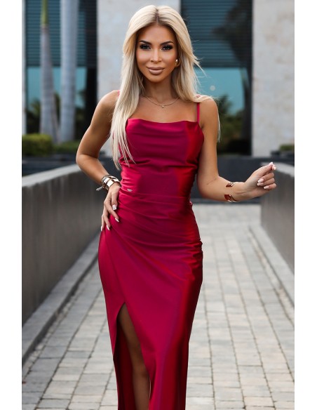  483-5 DIANE satin long dress with a leg slit - raspberry color 