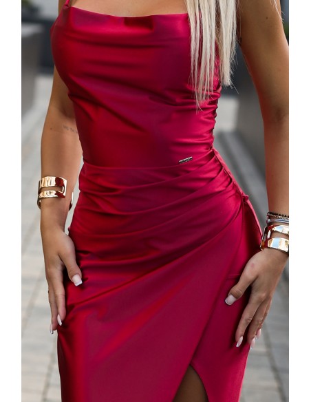  483-5 DIANE satin long dress with a leg slit - raspberry color 