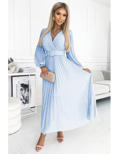  414-10 KLARA pleated dress with a belt and a neckline - light blue color 