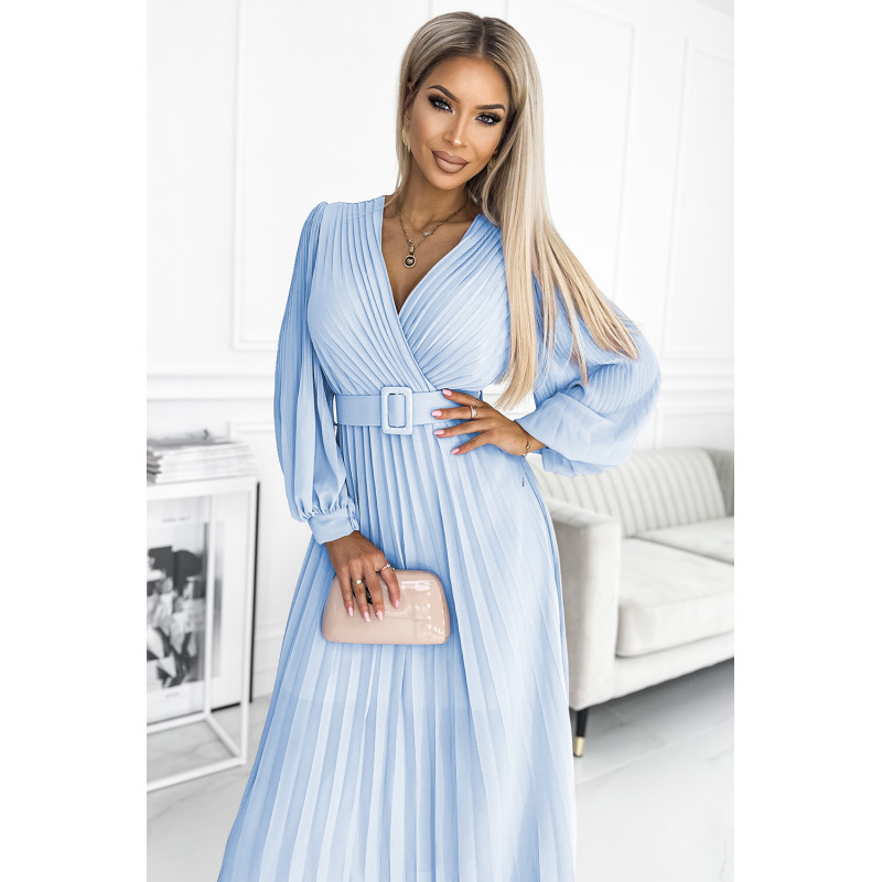  414-10 KLARA pleated dress with a belt and a neckline - light blue color  2