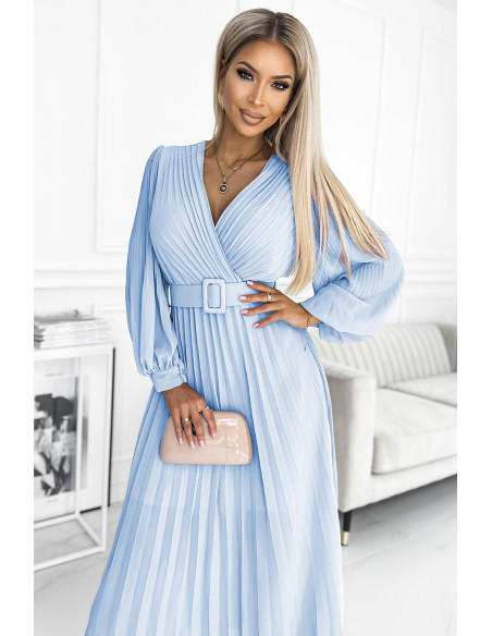  414-10 KLARA pleated dress with a belt and a neckline - light blue color 