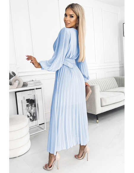  414-10 KLARA pleated dress with a belt and a neckline - light blue color 