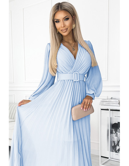  414-10 KLARA pleated dress with a belt and a neckline - light blue color 