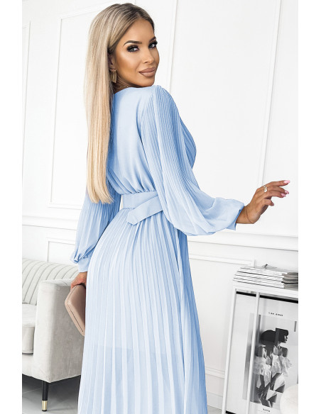  414-10 KLARA pleated dress with a belt and a neckline - light blue color 