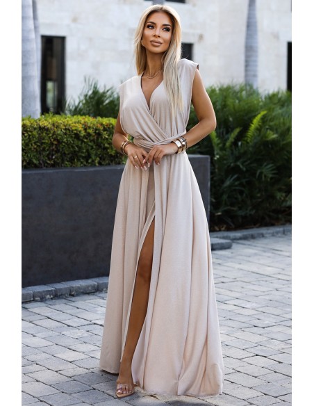  509-2 Elegant long dress tied in many ways - beige with glitter 